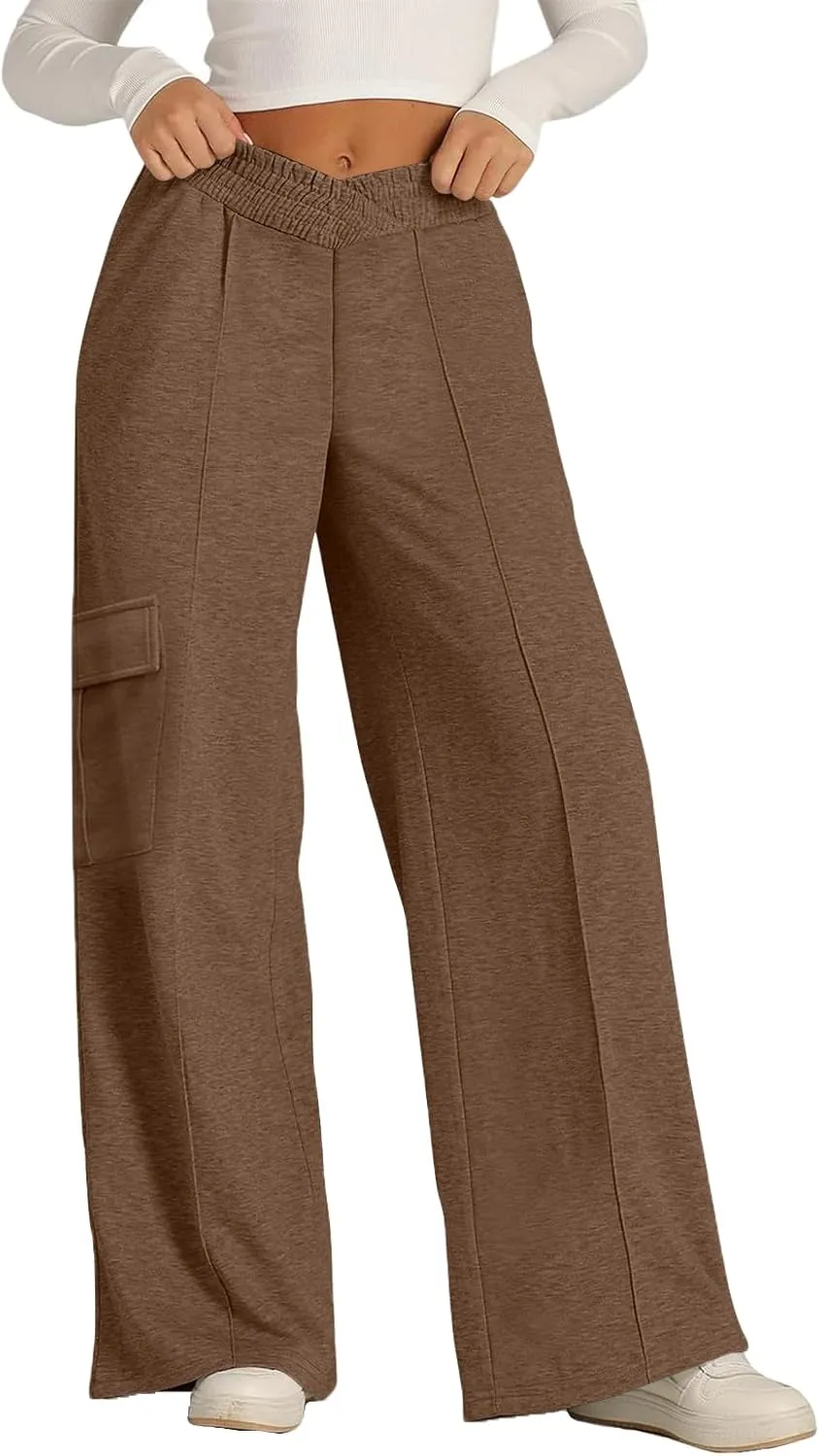 Cargo Sweatpants for Women with Pockets Crossover Baggy Wide Leg Sweatpants Athletic High Waisted Sweat Pants
