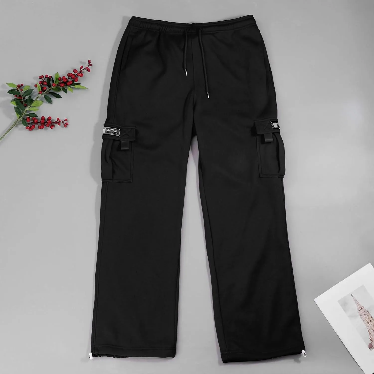 Casual Cargo Sweatpants for Men Plus Size Drawstring Waist Open Bottom Sweatpants Baggy Lounge Pants with Pockets