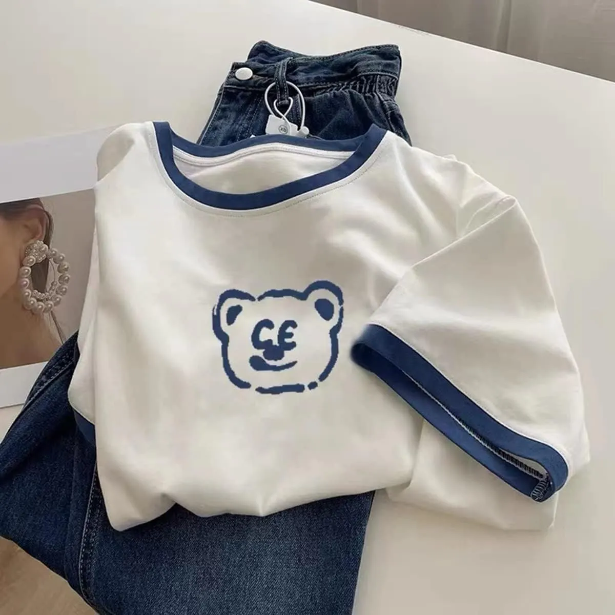 Casual Graphic Tees for Women Men T Shirts Short Sleeve Summer Bear Tops Loose Fit Cute Couple