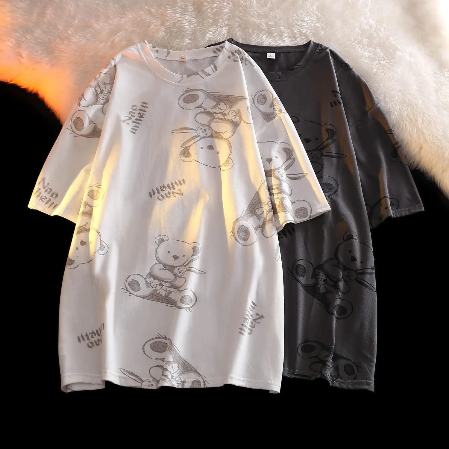 Casual Graphic Tees for Women Men T Shirts Short Sleeve Summer Bear Tops Loose Fit Cute Couple