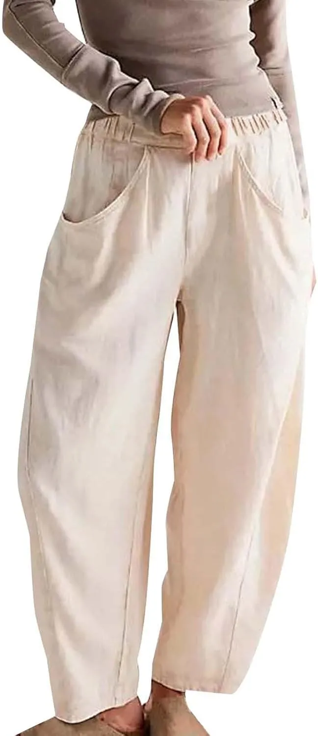 Casual Linen Barrel Pants for Women Summer Baggy Lantern Tapered Pants Loose Ankle Trousers Lounge Slacks with Pocket