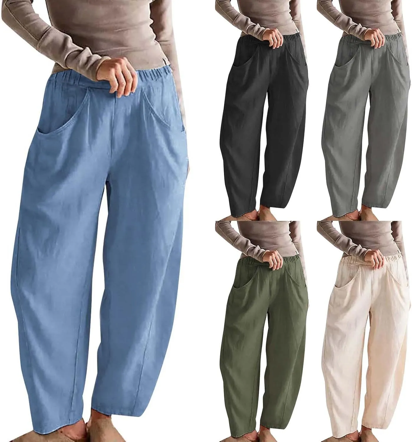 Casual Linen Barrel Pants for Women Summer Baggy Lantern Tapered Pants Loose Ankle Trousers Lounge Slacks with Pocket