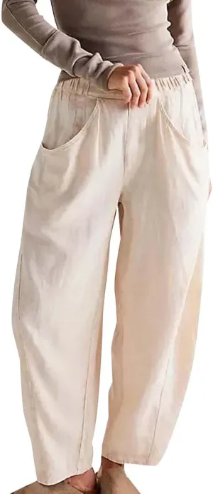 Casual Linen Barrel Pants for Women Summer Baggy Lantern Tapered Pants Loose Ankle Trousers Lounge Slacks with Pocket