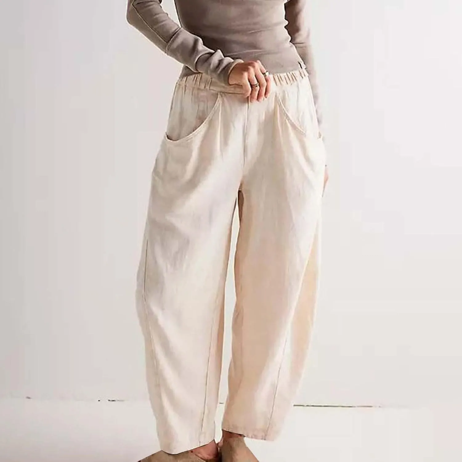 Casual Linen Barrel Pants for Women Summer Baggy Lantern Tapered Pants Loose Ankle Trousers Lounge Slacks with Pocket