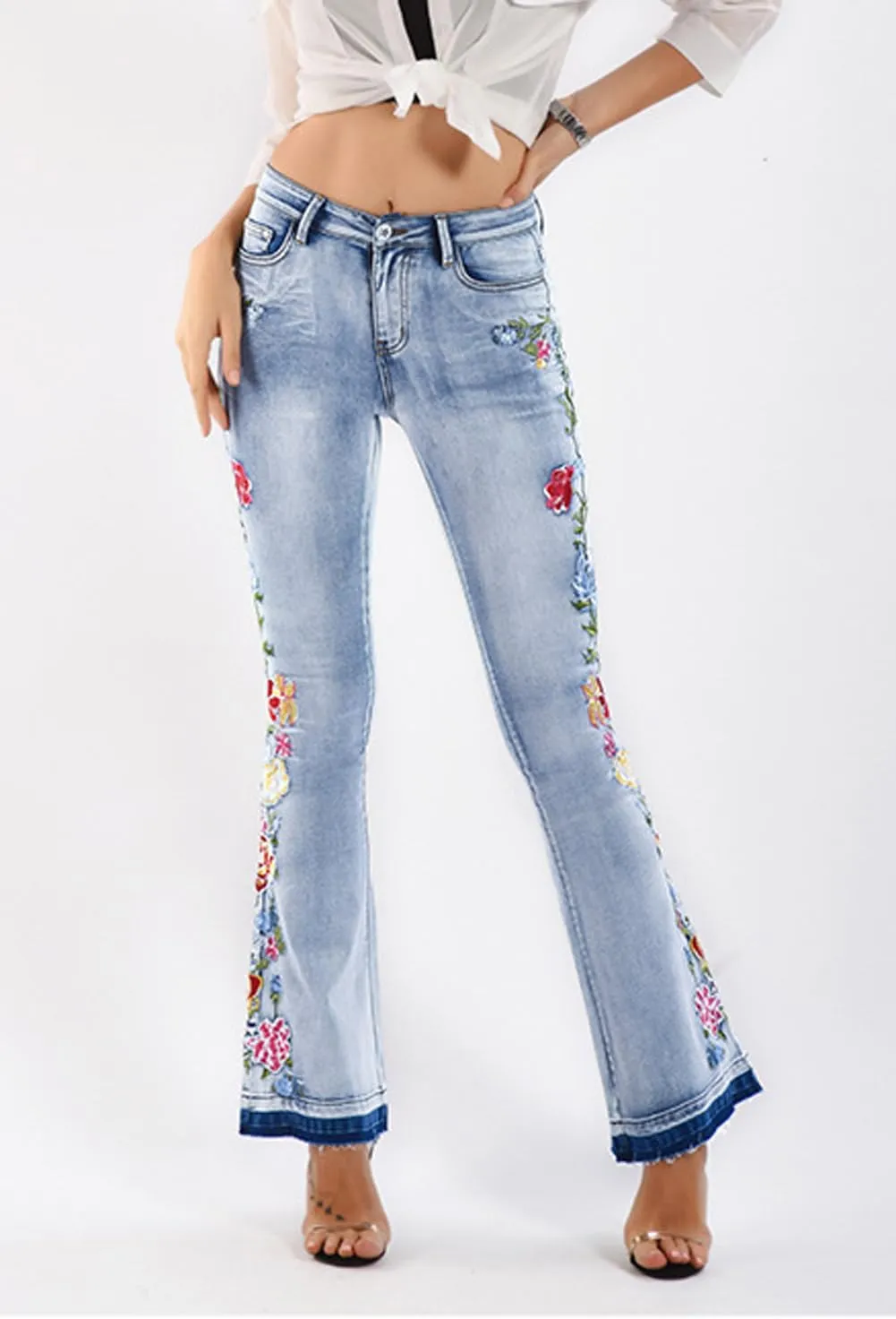 CHARTOU Womens Chic Floral Embroidered High-Rise Bell Bottom Flare Jeans Broad Feet Long Denim Pants