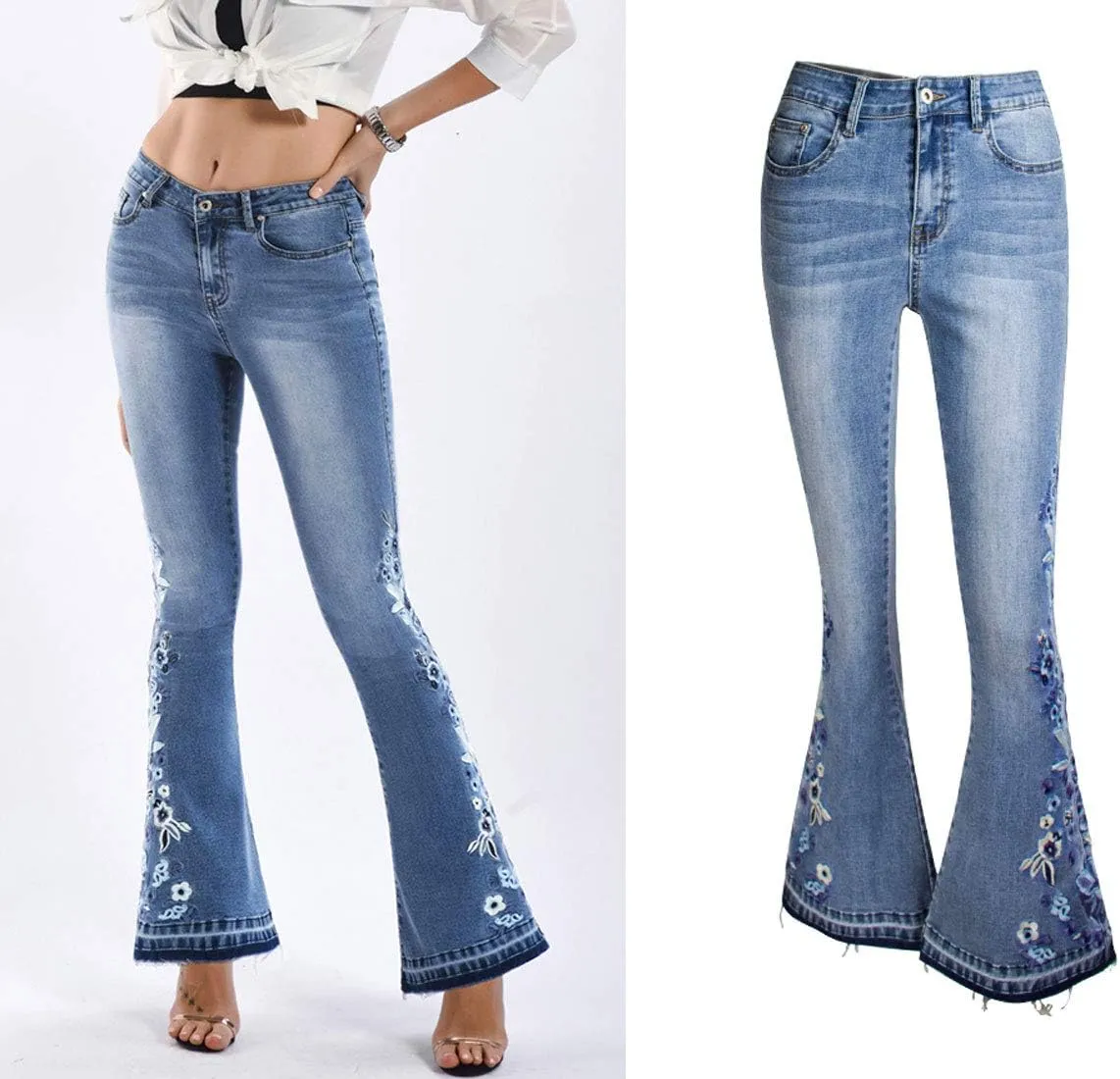 CHARTOU Womens Chic Floral Embroidered High-Rise Bell Bottom Flare Jeans Broad Feet Long Denim Pants