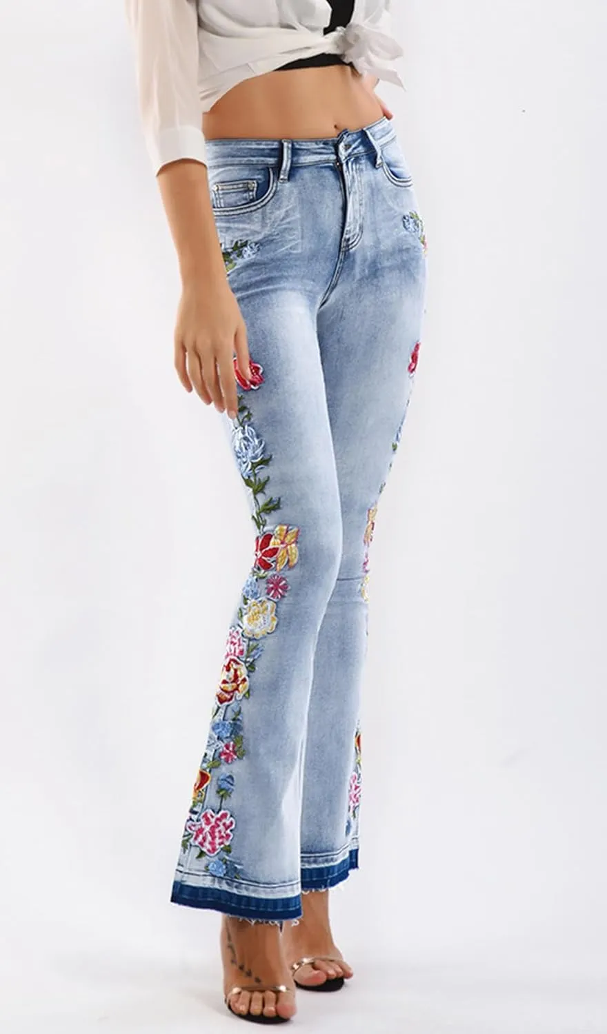 CHARTOU Womens Chic Floral Embroidered High-Rise Bell Bottom Flare Jeans Broad Feet Long Denim Pants