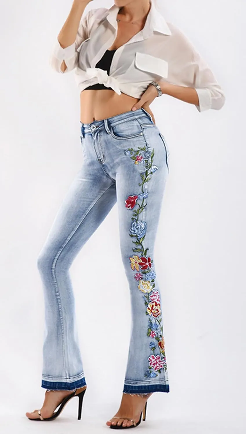 CHARTOU Womens Chic Floral Embroidered High-Rise Bell Bottom Flare Jeans Broad Feet Long Denim Pants