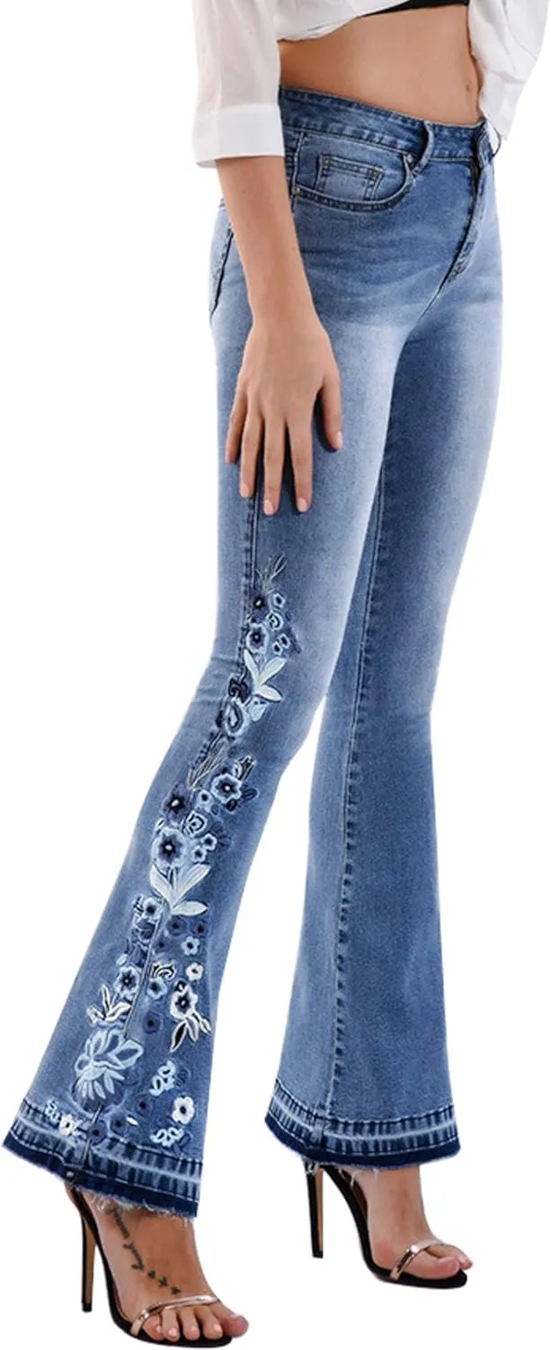 CHARTOU Womens Chic Floral Embroidered High-Rise Bell Bottom Flare Jeans Broad Feet Long Denim Pants