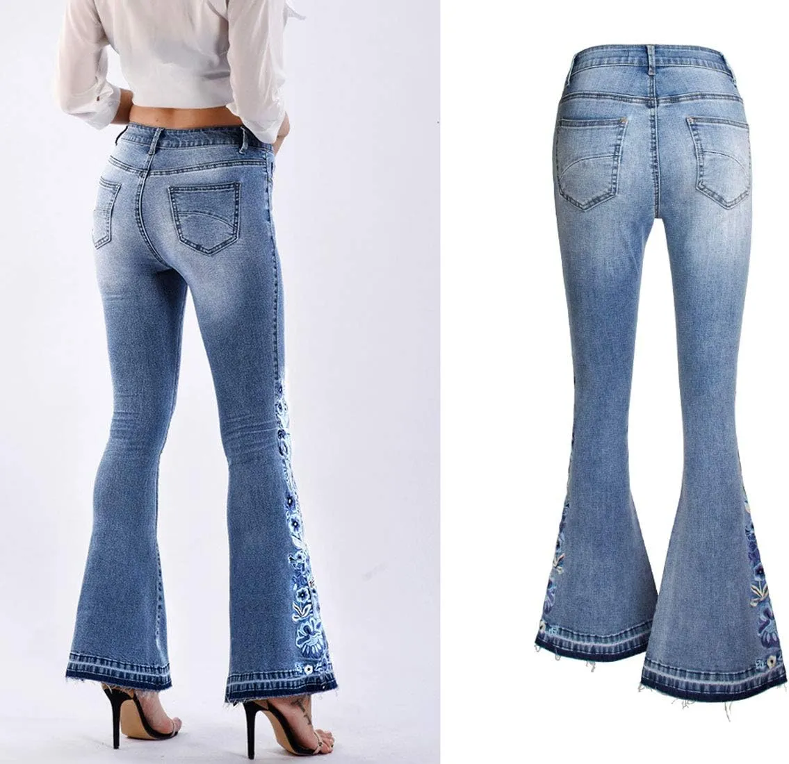 CHARTOU Womens Chic Floral Embroidered High-Rise Bell Bottom Flare Jeans Broad Feet Long Denim Pants