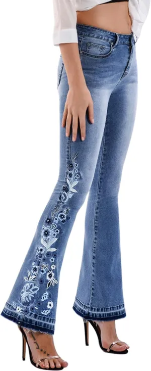 CHARTOU Womens Chic Floral Embroidered High-Rise Bell Bottom Flare Jeans Broad Feet Long Denim Pants