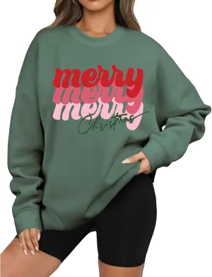 Christmas Sweatshirts for Women Oversized Fashion Graphic Merry Letter Shirt Long Sleeve Crewneck Pullover Xmas Tops