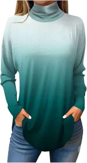 Costumes for Women Printing Long Sleeve T Shirt High Neck Hide Belly Outfits Winter Lightweight Pullover Tops