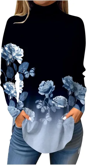 Costumes for Women Printing Long Sleeve T Shirt High Neck Hide Belly Outfits Winter Lightweight Pullover Tops