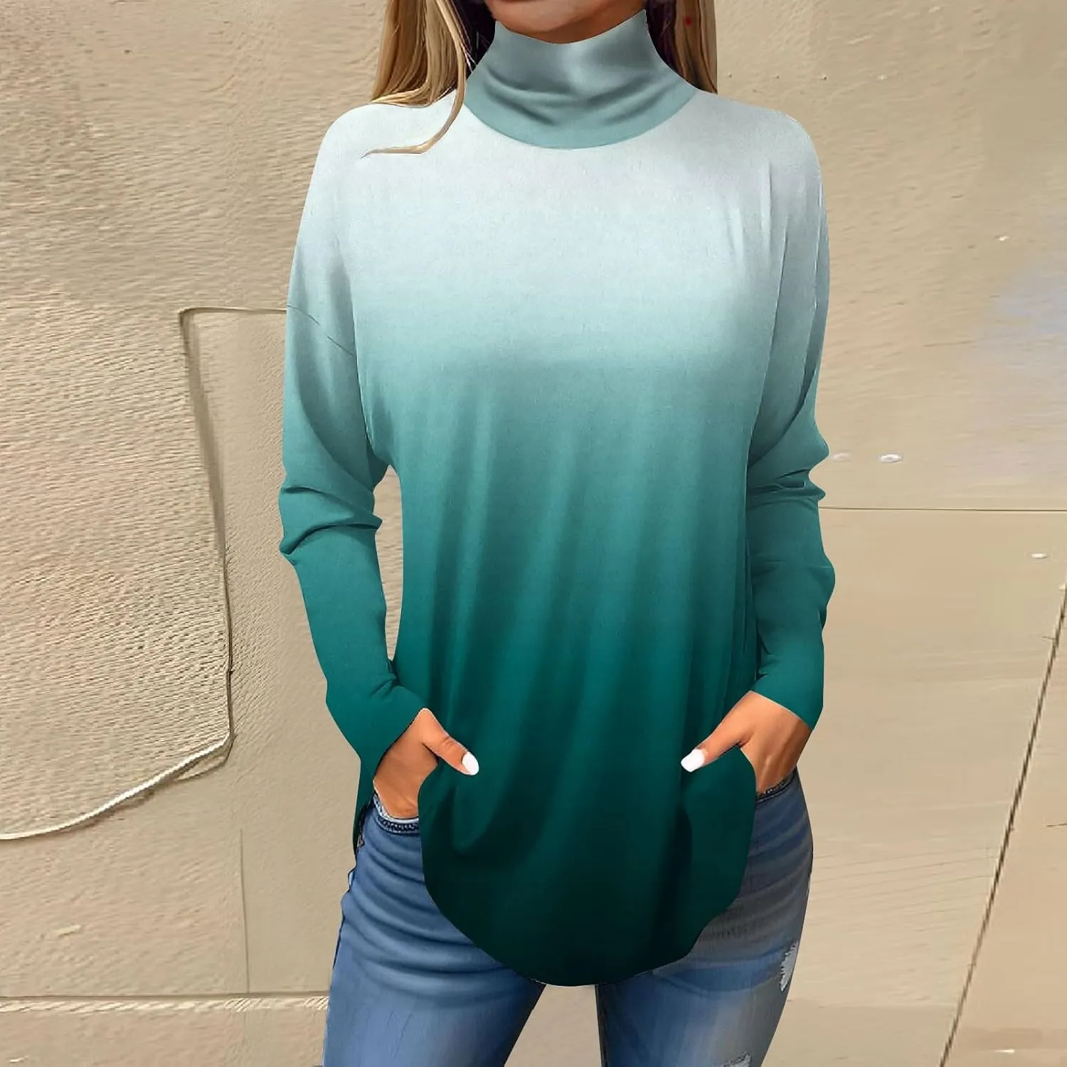 Costumes for Women Printing Long Sleeve T Shirt High Neck Hide Belly Outfits Winter Lightweight Pullover Tops