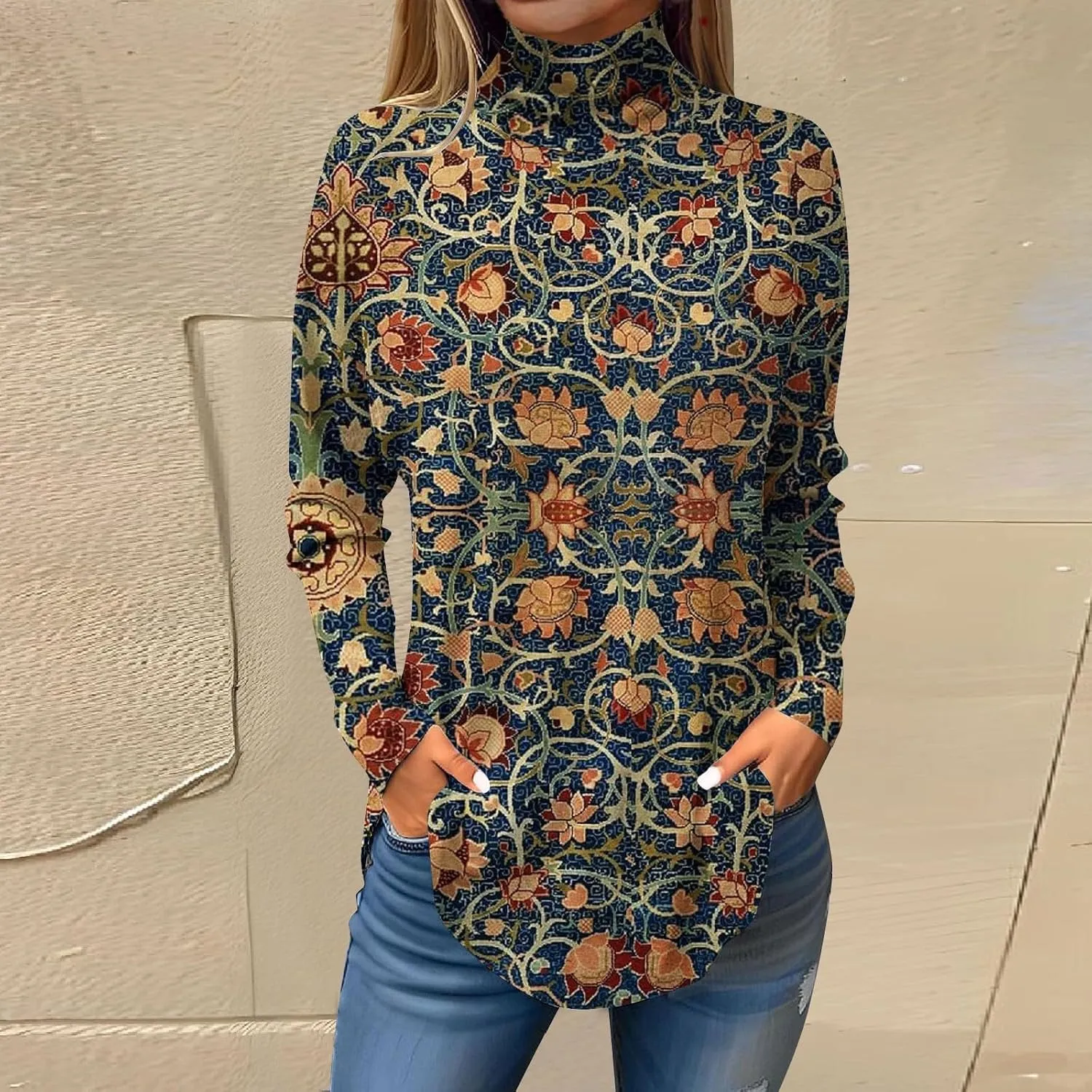 Costumes for Women Printing Long Sleeve T Shirt High Neck Hide Belly Outfits Winter Lightweight Pullover Tops