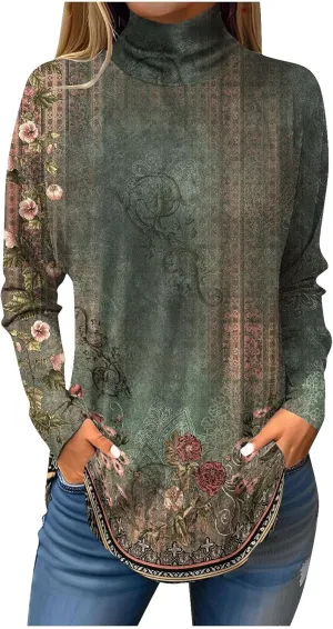 Costumes for Women Printing Long Sleeve T Shirt High Neck Hide Belly Outfits Winter Lightweight Pullover Tops