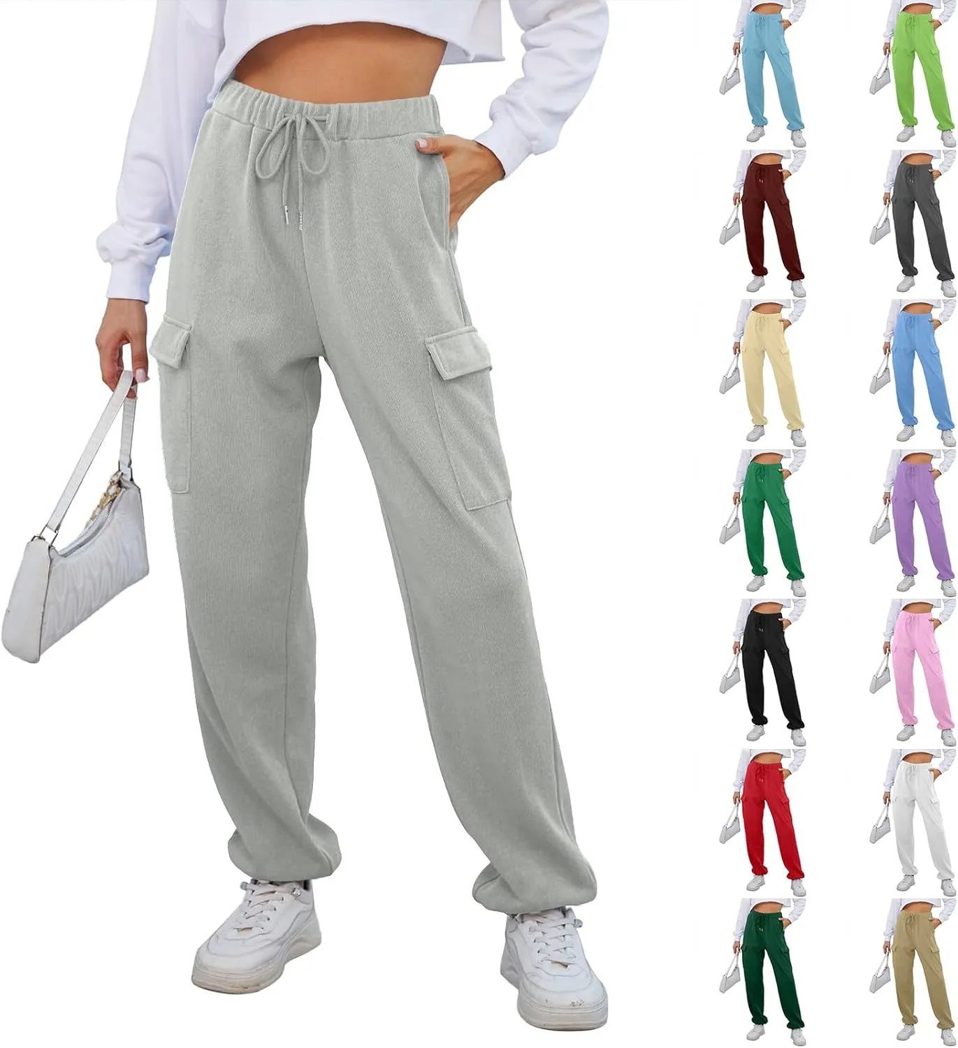 Cotton Joggers for Women Baggy Drawstring High Waisted Baggy Sweatpants Athletic Work Cargo Pants with Pockets