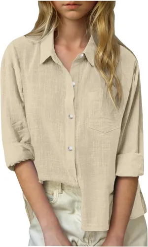 Cotton Linen Shirts for Girls Summer Spring Holiday Tops Casual Loose Fit Breathable Button Down Roll Up Sleeve Shirt