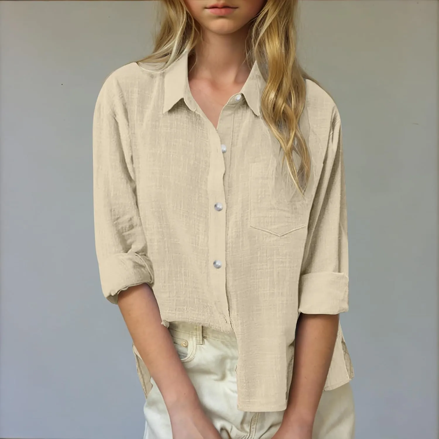 Cotton Linen Shirts for Girls Summer Spring Holiday Tops Casual Loose Fit Breathable Button Down Roll Up Sleeve Shirt