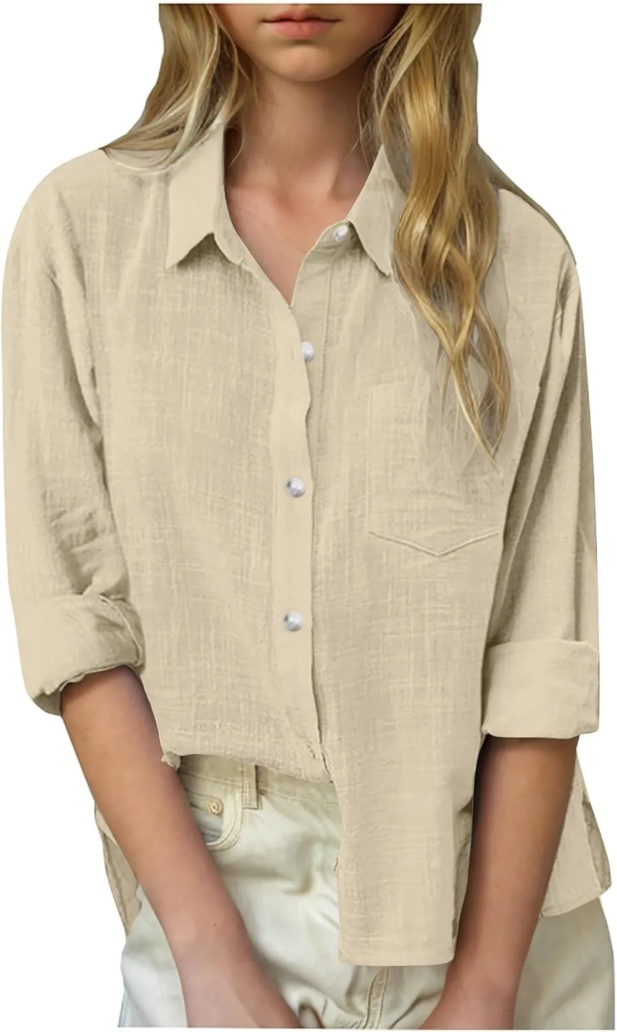 Cotton Linen Shirts for Girls Summer Spring Holiday Tops Casual Loose Fit Breathable Button Down Roll Up Sleeve Shirt