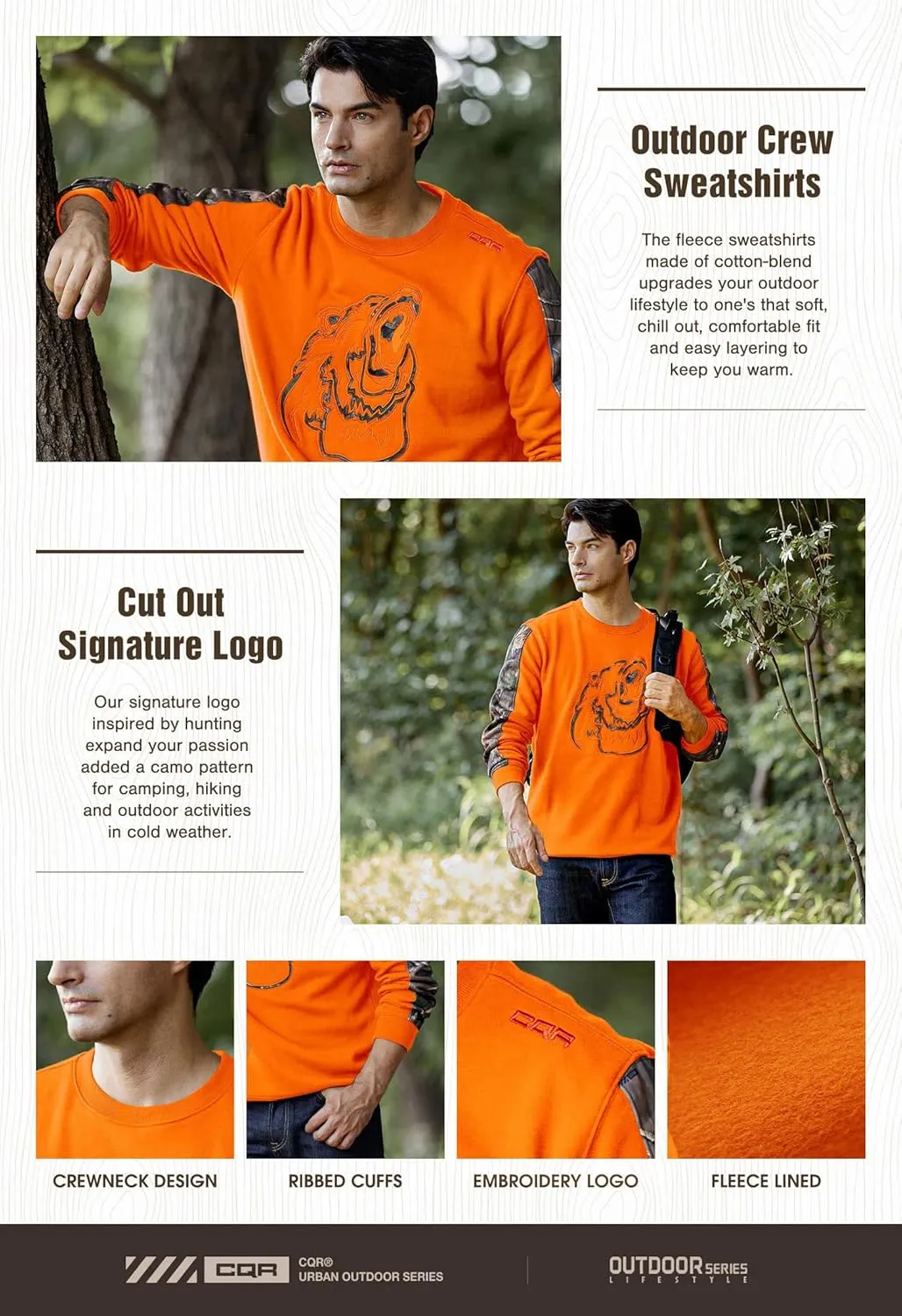 CQR Men's Fleece Crewneck Sweatshirt, Winter Outdoor Performance Pullover, Crew Fleece Lined Hunting Sweatshirts