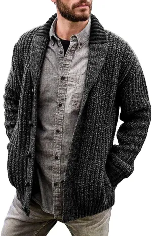 CRNTCEM Mens Casual Shawl Collar Cardigan Sweater Cable Knit Button Chunky Winter Thick Thermal Open Front Cardigan Coats