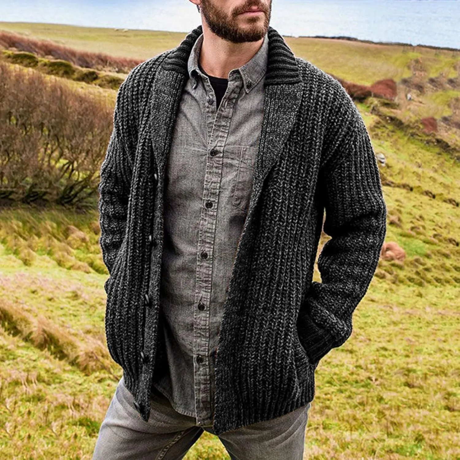 CRNTCEM Mens Casual Shawl Collar Cardigan Sweater Cable Knit Button Chunky Winter Thick Thermal Open Front Cardigan Coats