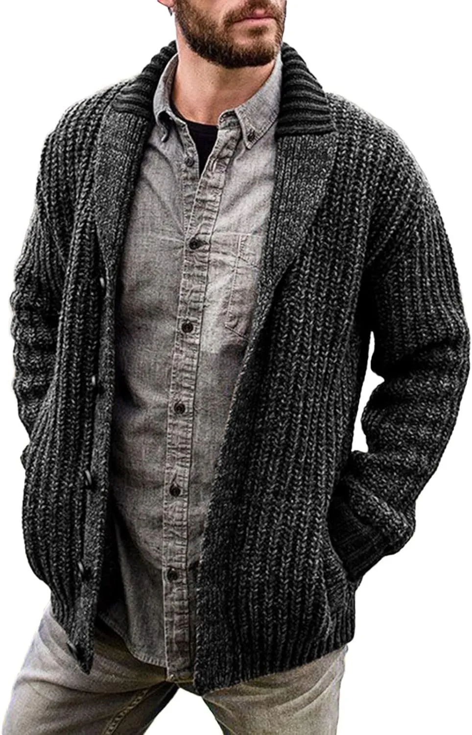 CRNTCEM Mens Casual Shawl Collar Cardigan Sweater Cable Knit Button Chunky Winter Thick Thermal Open Front Cardigan Coats