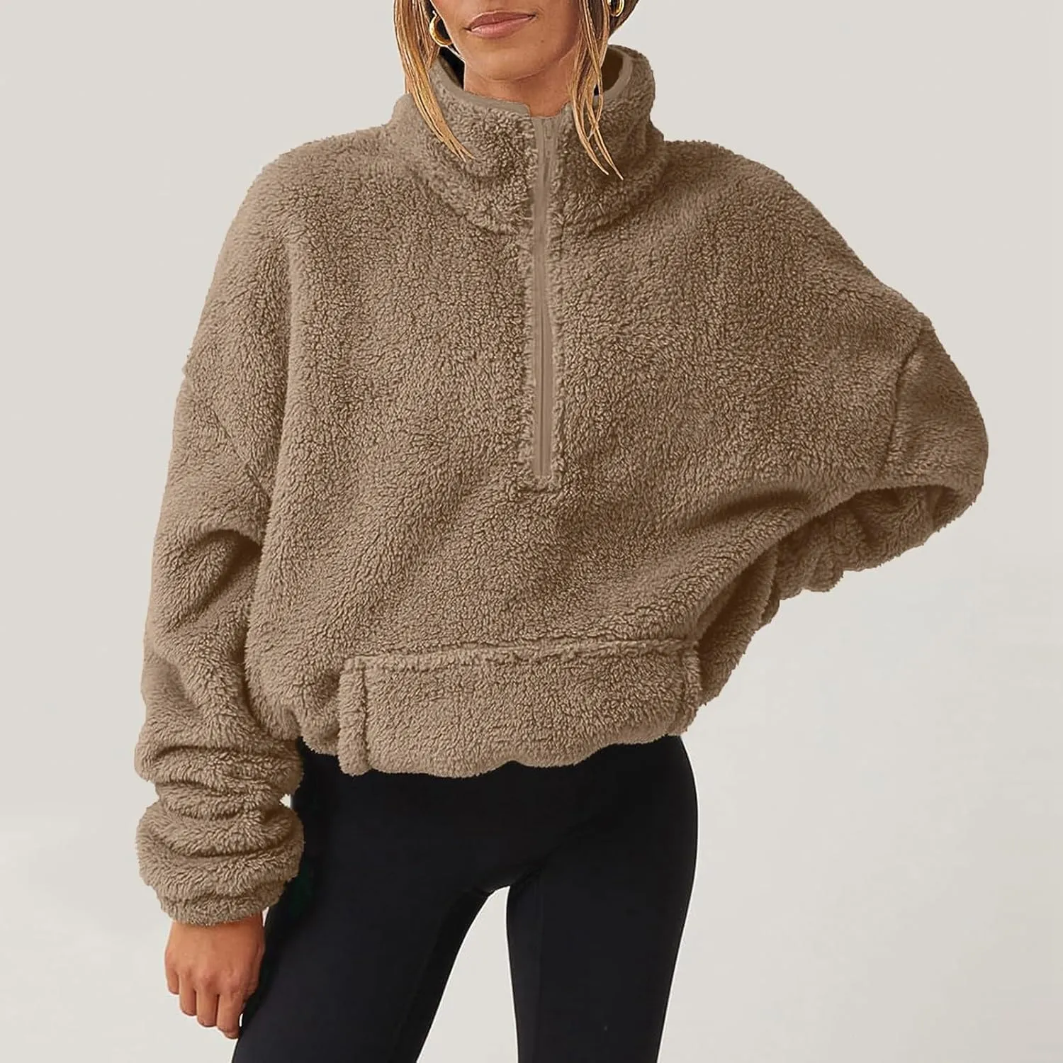 Cropped Half Zip Pullover Women Comfy Warm Sherpa Fleece Sweatshirt No Hood Quarter Zip Sweater with Pockets