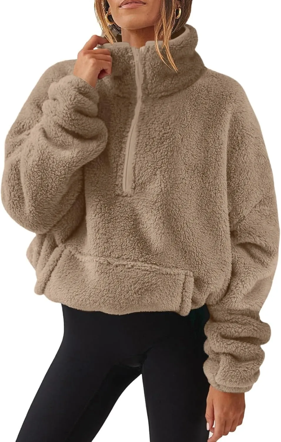 Cropped Half Zip Pullover Women Comfy Warm Sherpa Fleece Sweatshirt No Hood Quarter Zip Sweater with Pockets