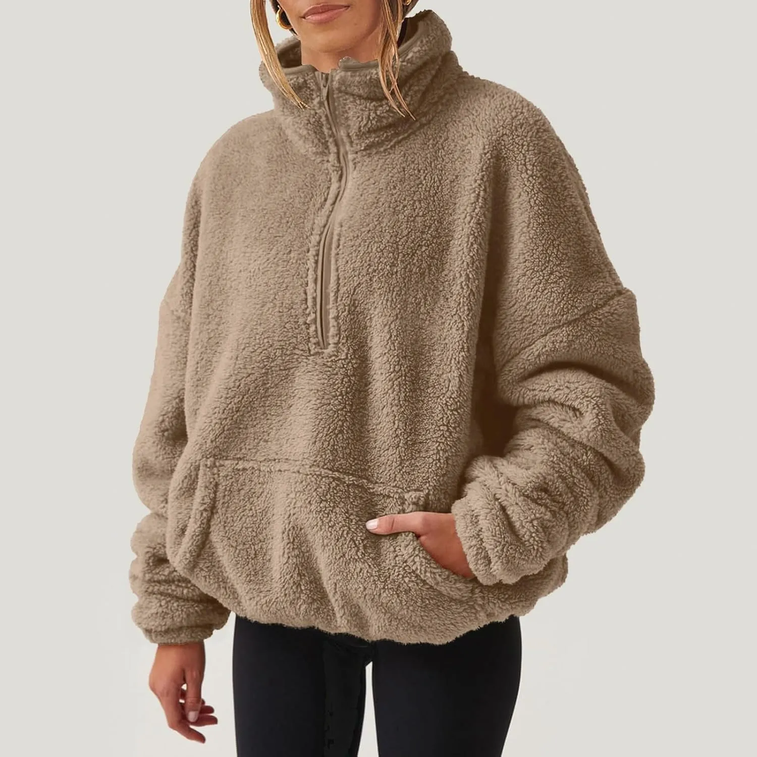 Cropped Half Zip Pullover Women Comfy Warm Sherpa Fleece Sweatshirt No Hood Quarter Zip Sweater with Pockets
