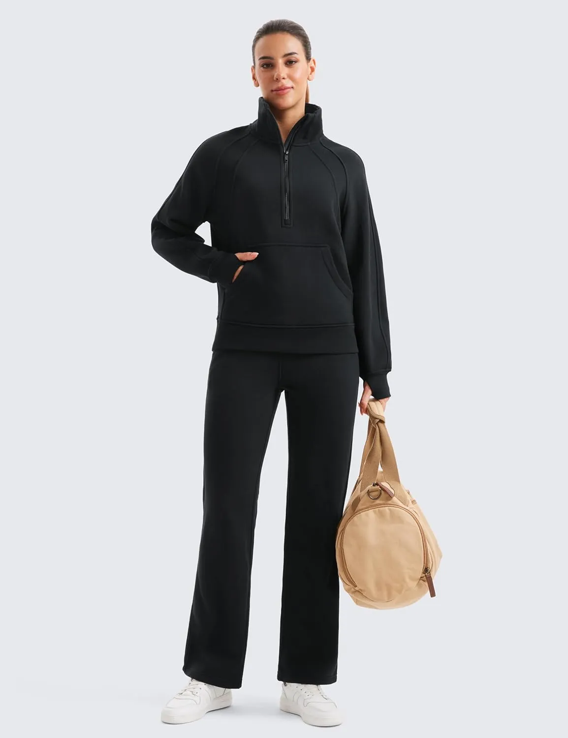 CRZ YOGA Womens Fleece Lined Sweatshirts Half Zip Funnel Neck Pullover Long Sleeve Hip Oversized Hoodies with Thumb Holes