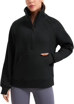 CRZ YOGA Womens Fleece Lined Sweatshirts Half Zip Funnel Neck Pullover Long Sleeve Hip Oversized Hoodies with Thumb Holes
