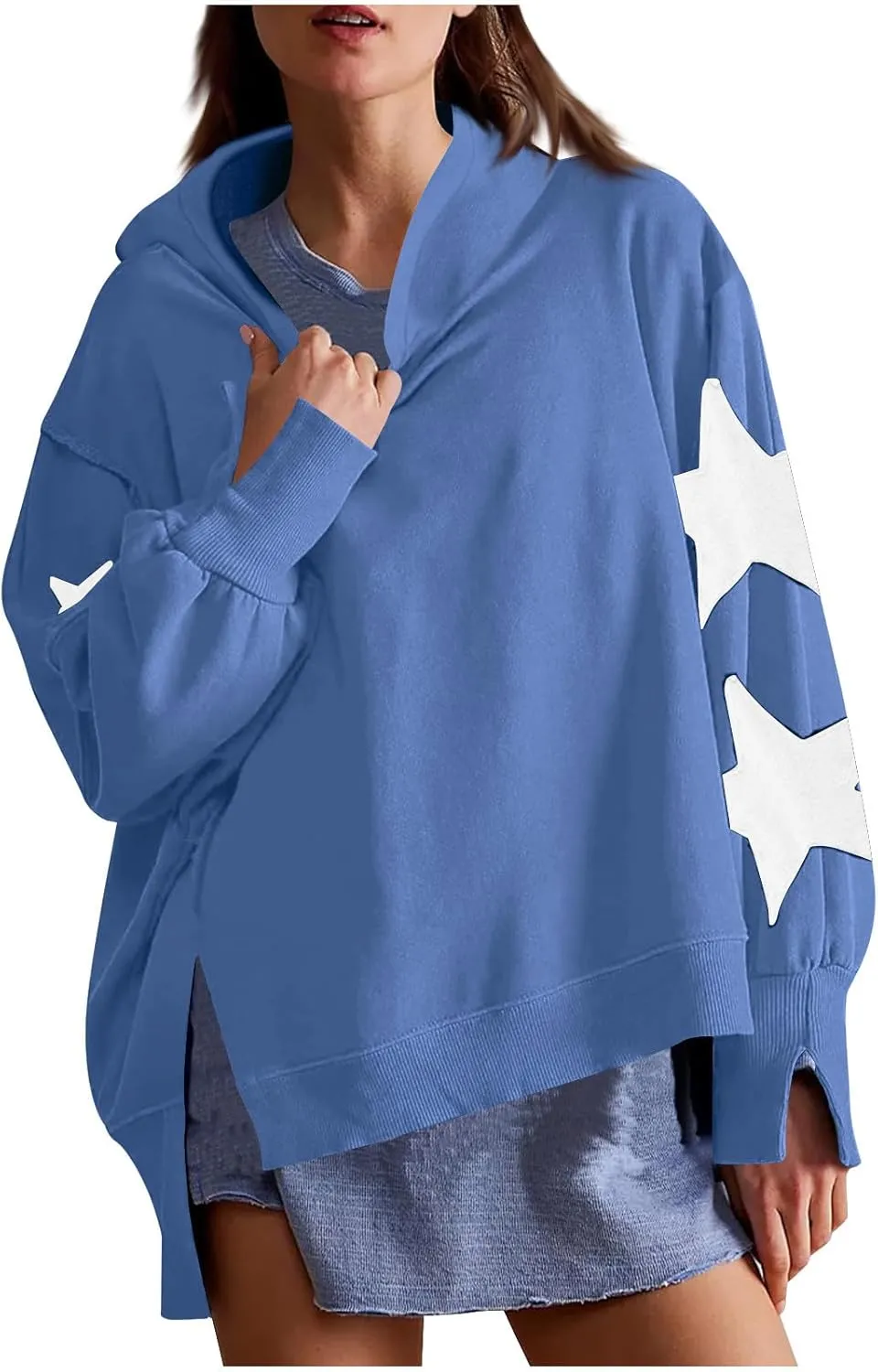 Cute Hoodies For Women Trendy 2024 Oversized Star Print Hooded Sweatshirt Side Slit Fall Pullover Tops y2k Clothes