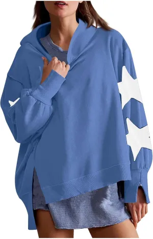 Cute Hoodies For Women Trendy 2024 Oversized Star Print Hooded Sweatshirt Side Slit Fall Pullover Tops y2k Clothes