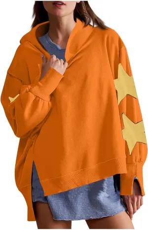 Cute Hoodies For Women Trendy 2024 Oversized Star Print Hooded Sweatshirt Side Slit Fall Pullover Tops y2k Clothes