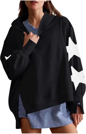 Cute Hoodies For Women Trendy 2024 Oversized Star Print Hooded Sweatshirt Side Slit Fall Pullover Tops y2k Clothes