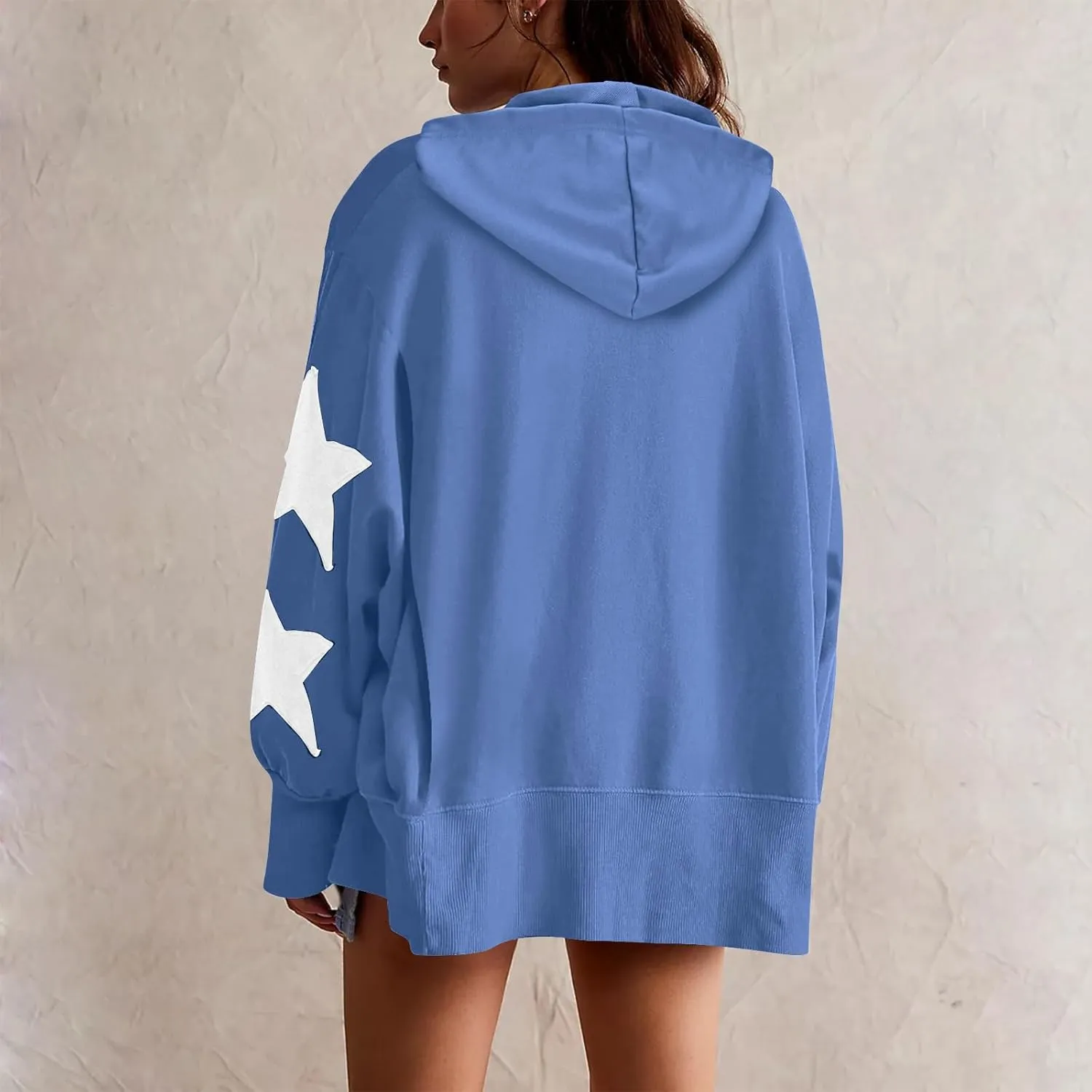 Cute Hoodies For Women Trendy 2024 Oversized Star Print Hooded Sweatshirt Side Slit Fall Pullover Tops y2k Clothes
