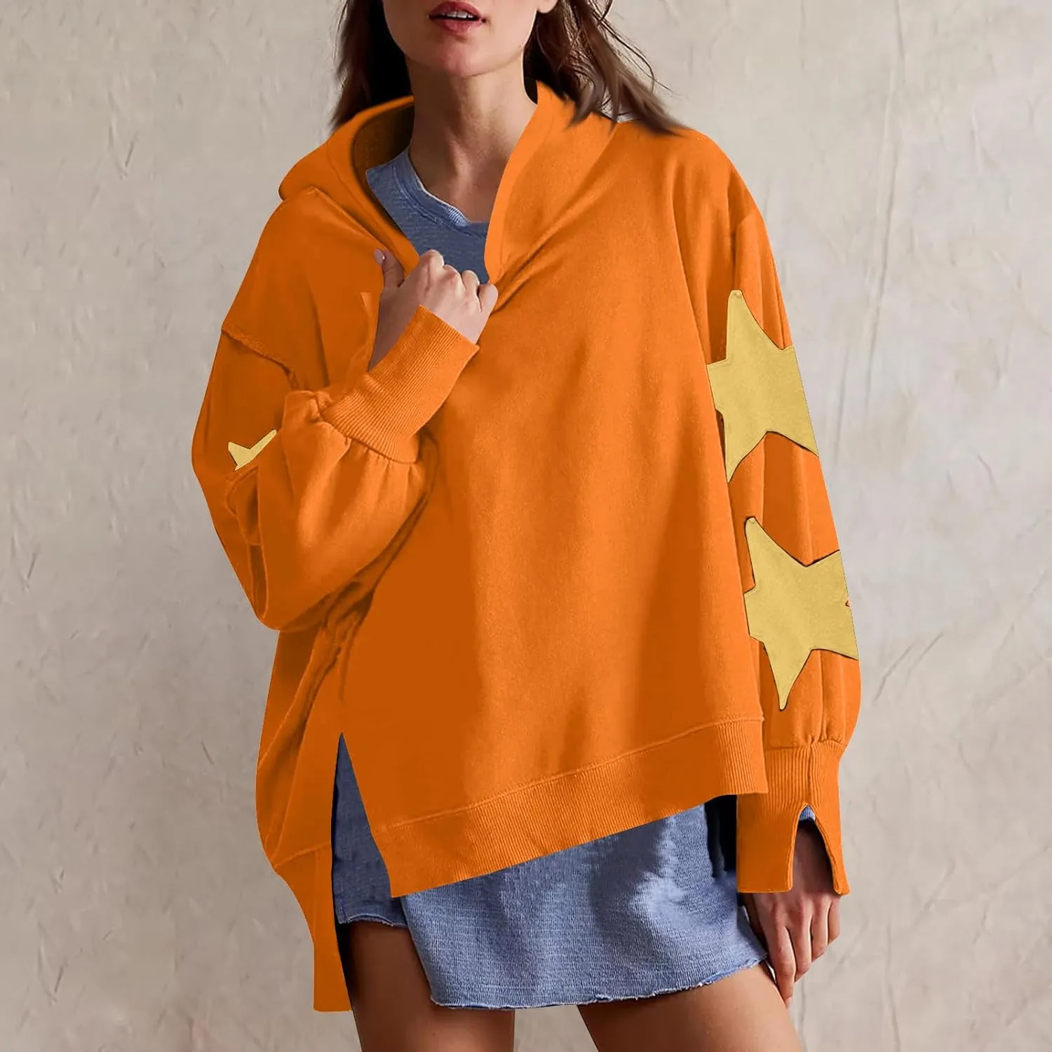 Cute Hoodies For Women Trendy 2024 Oversized Star Print Hooded Sweatshirt Side Slit Fall Pullover Tops y2k Clothes