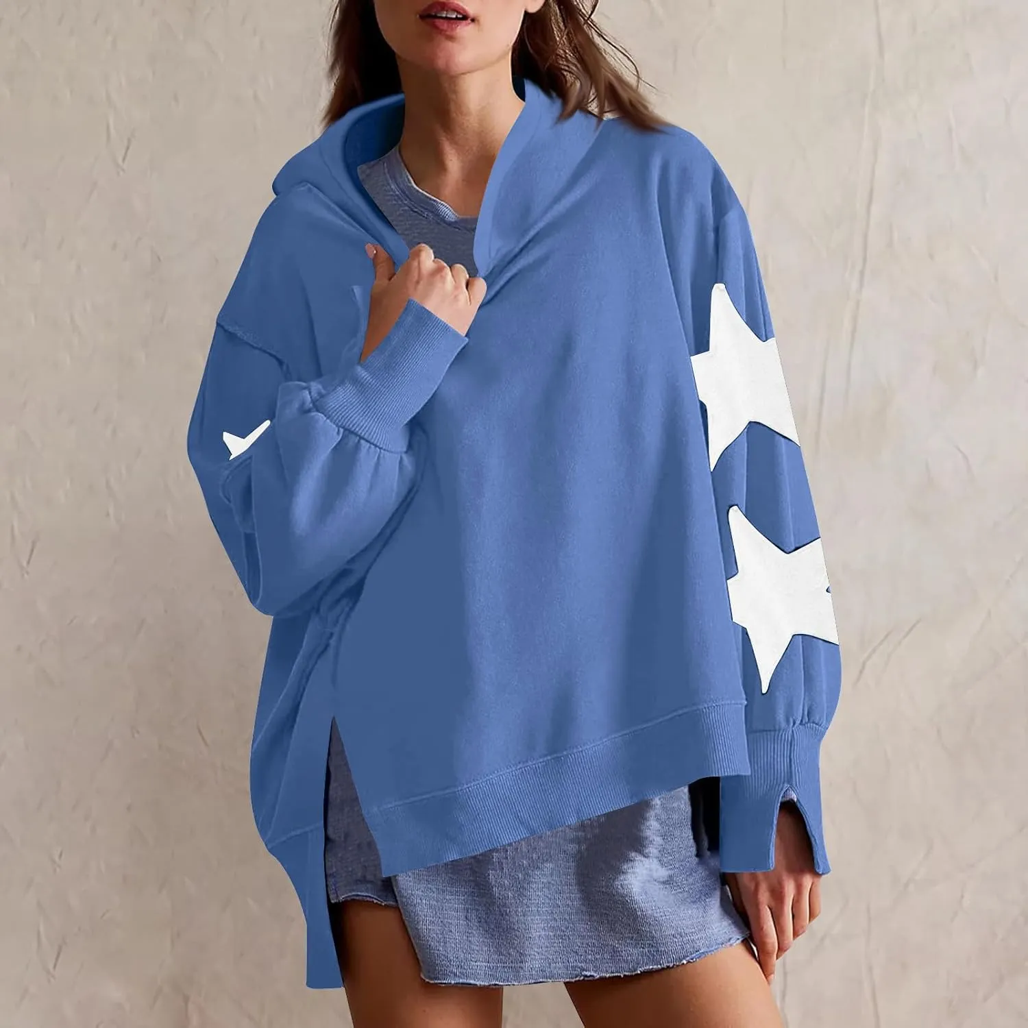 Cute Hoodies For Women Trendy 2024 Oversized Star Print Hooded Sweatshirt Side Slit Fall Pullover Tops y2k Clothes