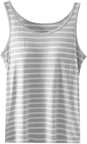 Cute Striped Modal Tank Tops Women Summer Yoga Workout Built in Bra Modal Sleeveless T-Shirts Soft Comfy Undershirt