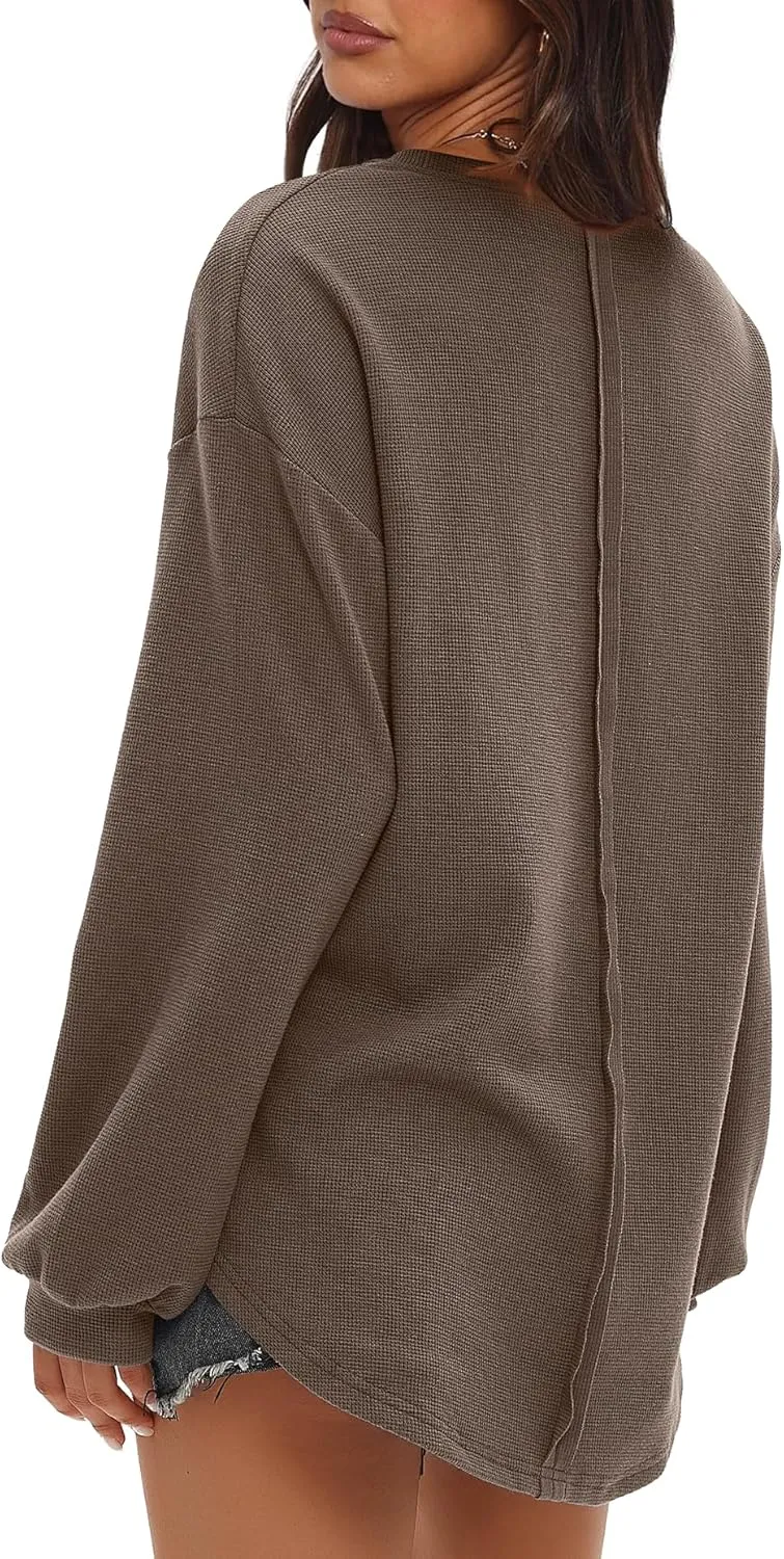 Darong Women Long Sleeve Crew Neck Waffle Knit Tunic Top Shirts Solid Color Loose Casual T Shirts