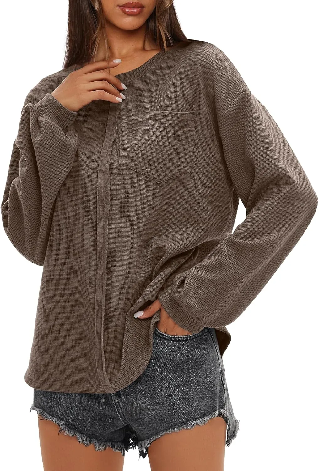 Darong Women Long Sleeve Crew Neck Waffle Knit Tunic Top Shirts Solid Color Loose Casual T Shirts