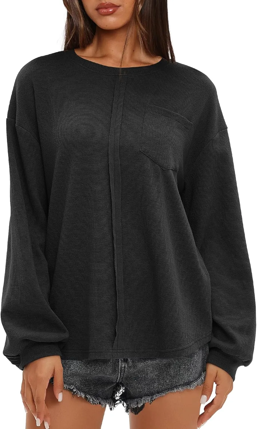 Darong Women Long Sleeve Crew Neck Waffle Knit Tunic Top Shirts Solid Color Loose Casual T Shirts