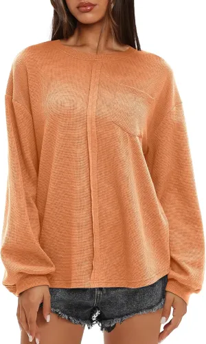 Darong Women Long Sleeve Crew Neck Waffle Knit Tunic Top Shirts Solid Color Loose Casual T Shirts