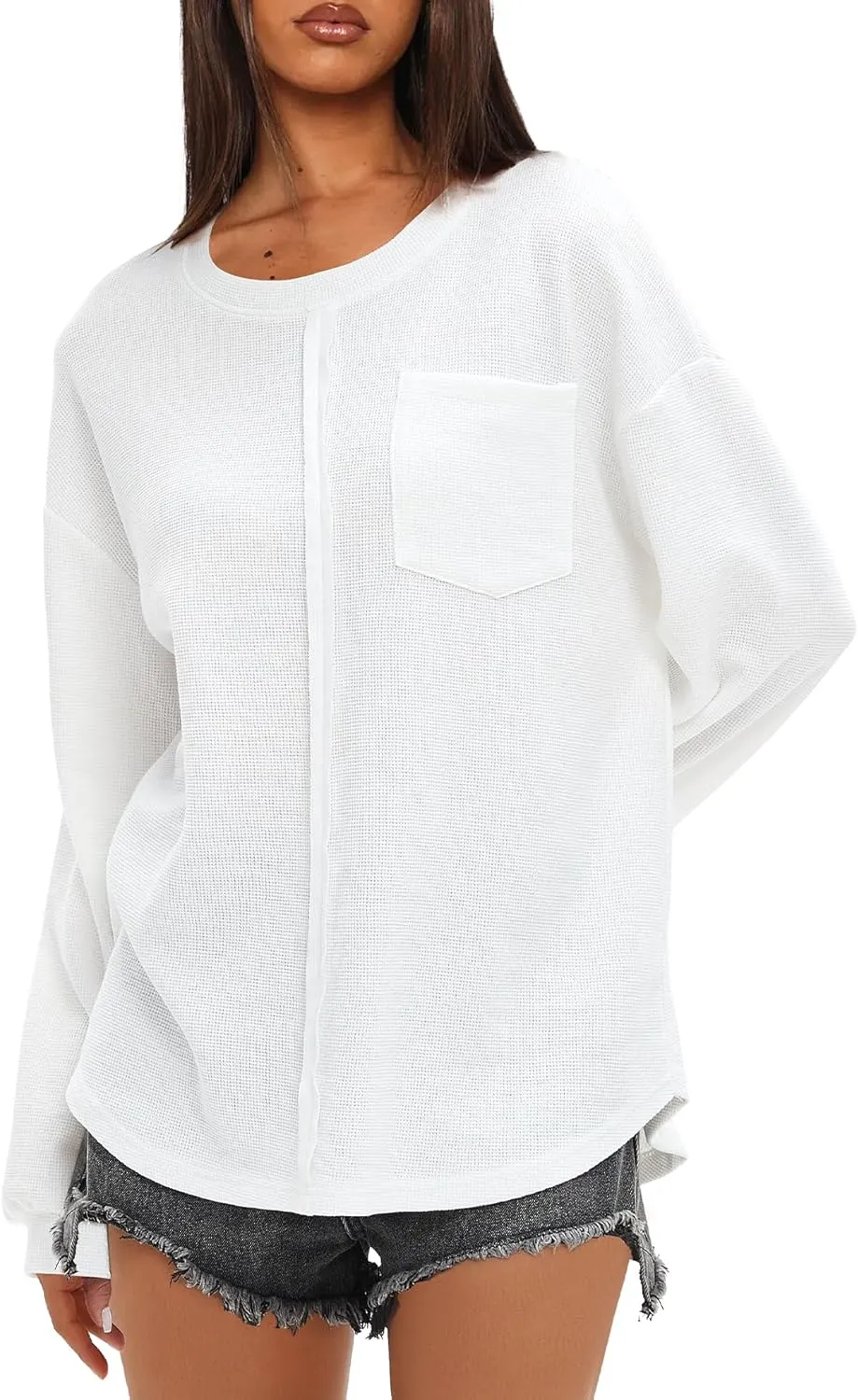 Darong Women Long Sleeve Crew Neck Waffle Knit Tunic Top Shirts Solid Color Loose Casual T Shirts