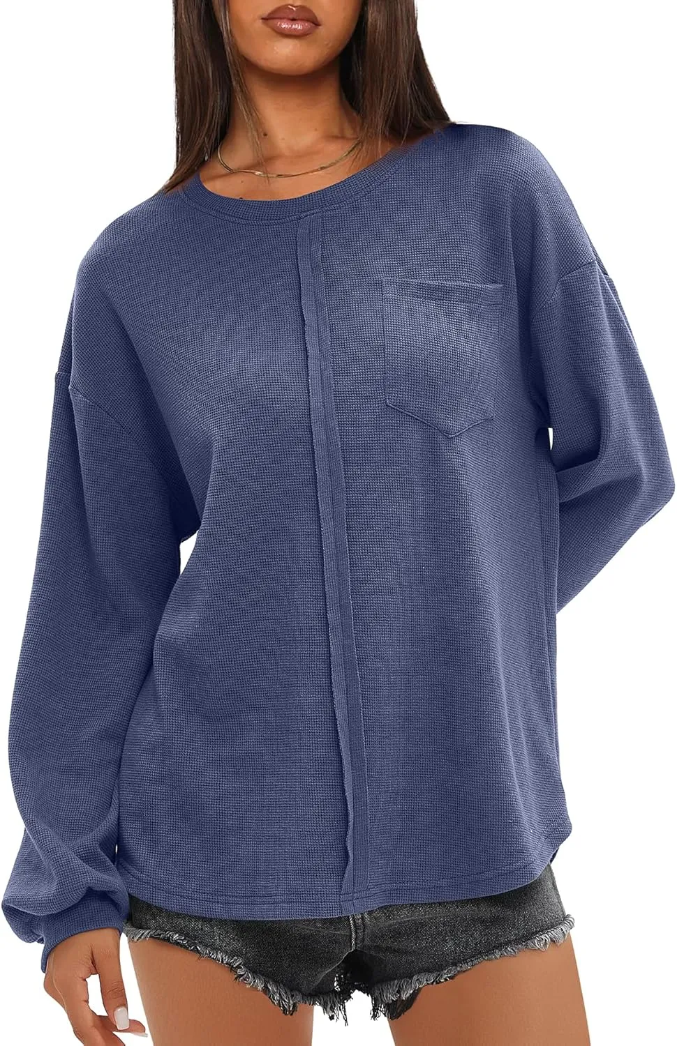 Darong Women Long Sleeve Crew Neck Waffle Knit Tunic Top Shirts Solid Color Loose Casual T Shirts