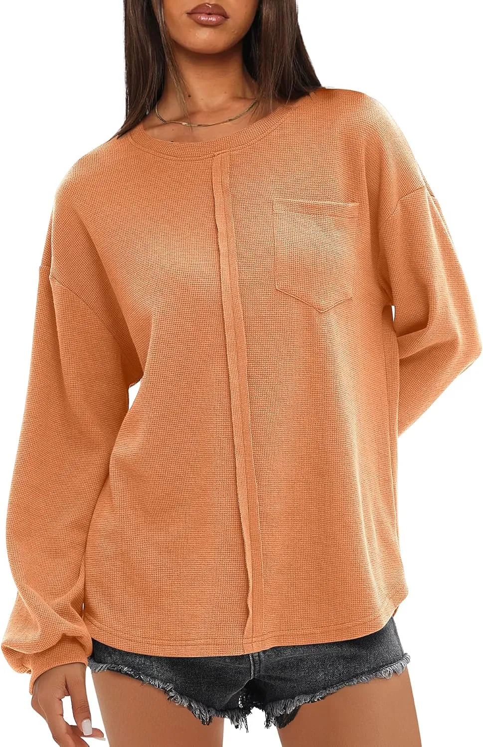 Darong Women Long Sleeve Crew Neck Waffle Knit Tunic Top Shirts Solid Color Loose Casual T Shirts