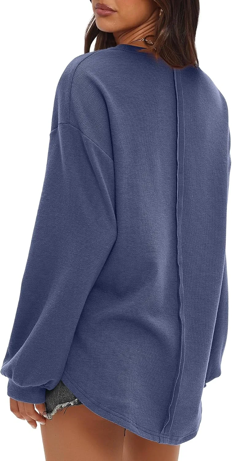 Darong Women Long Sleeve Crew Neck Waffle Knit Tunic Top Shirts Solid Color Loose Casual T Shirts
